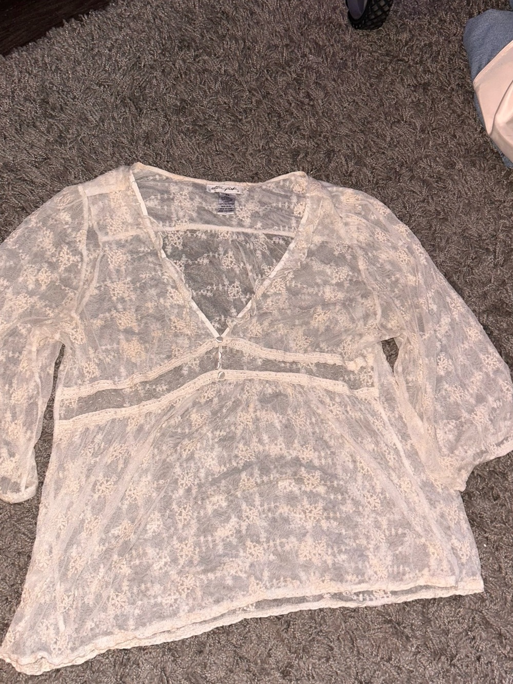 Ultra Pink Sheer White Lace V-Neck Blouse
